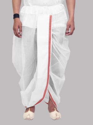 White Cotton Pre-Stitched Dhoti for Men – Ready-to-Wear Traditional Elegance