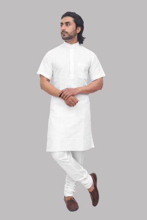 White Half Sleeve Modi Kurta for Men – Casual Cotton Kurta for Daily Wear & Pooja