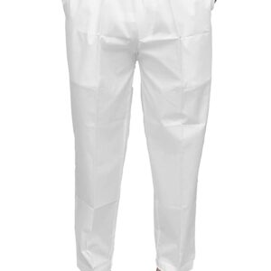 Front view of white cotton pyjama with zip and elastic"